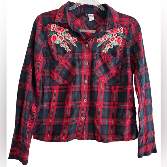 H&M Embroidered Detail Plaid Cropped Shirt Size 8 - Picture 1 of 5